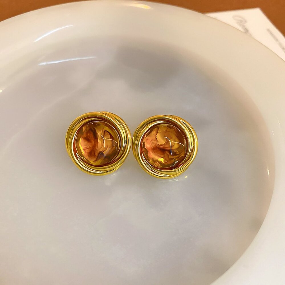 Women’s Gold-Wrapped Resin Circle Stud Earrings Silver Needle Posts Lightweight